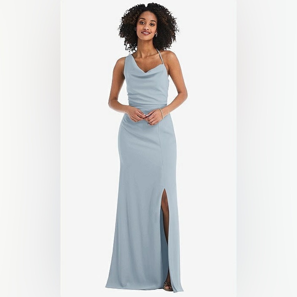 After Six - One-shoulder draped cowl-neck maxi dress in mist - size 16
